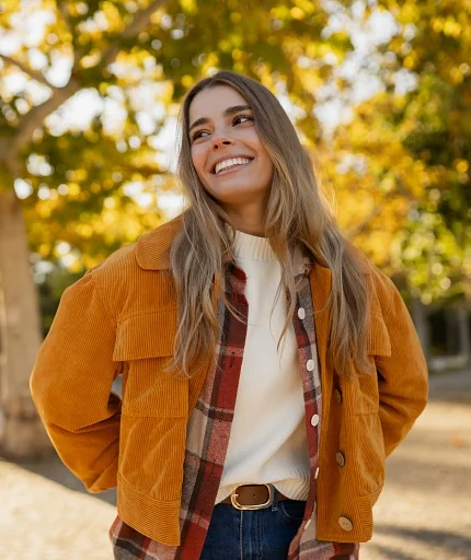 young beautiful confident woman walking in autumn park
